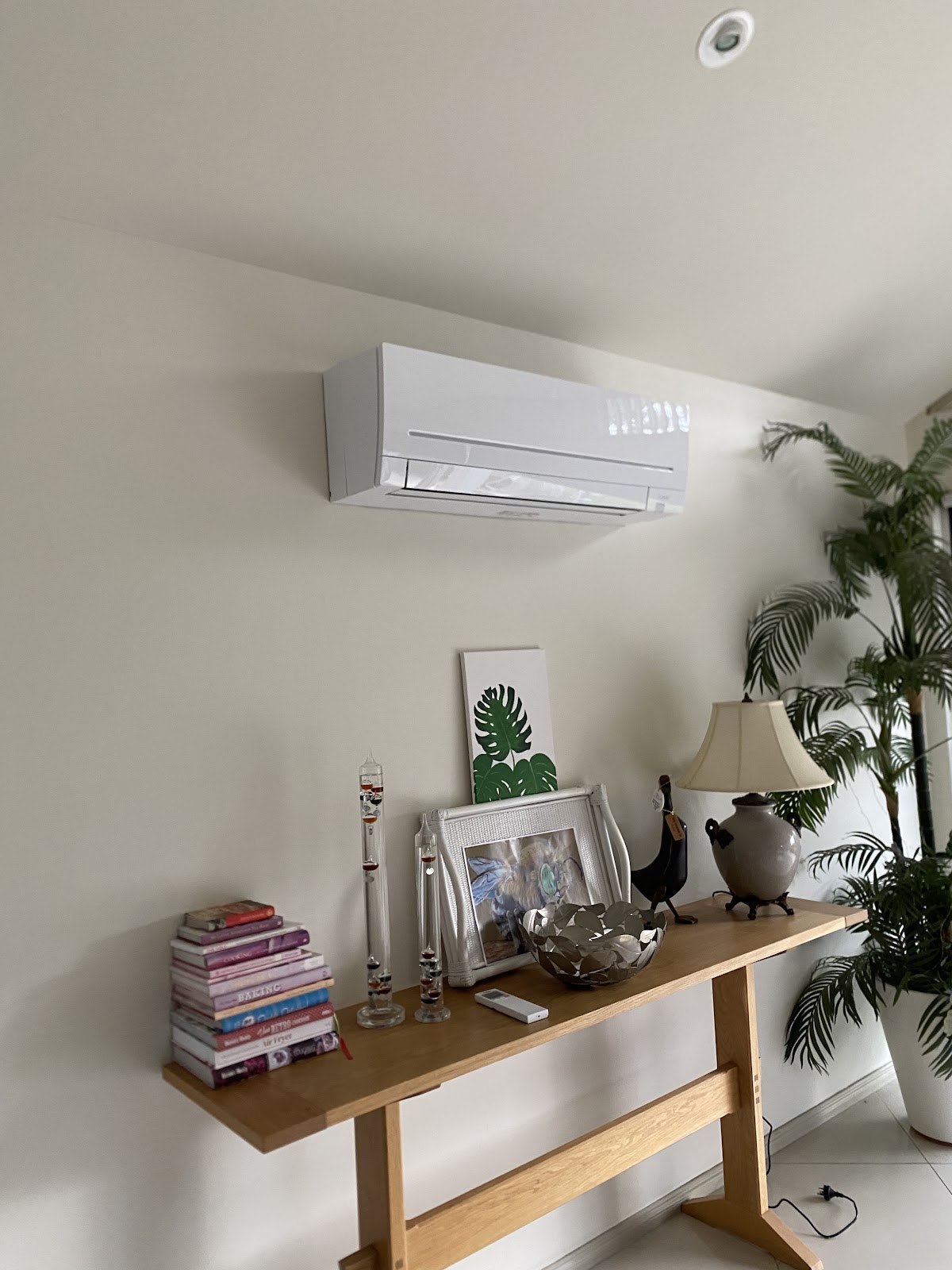 A finished split system above a hall table with plants